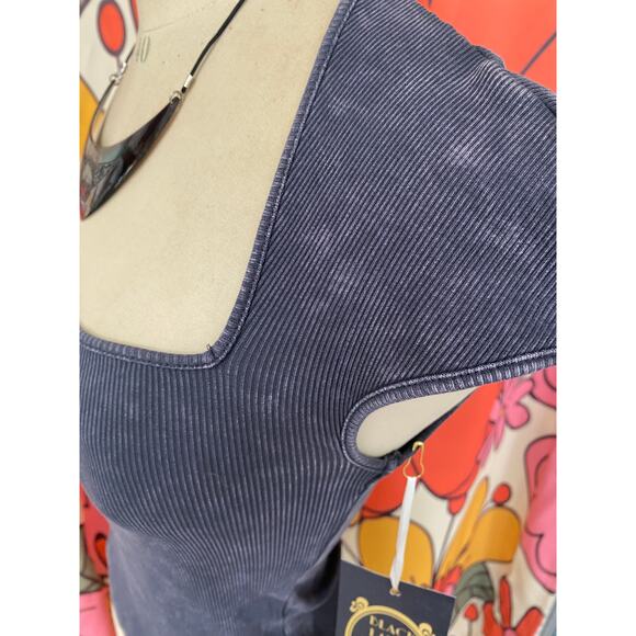 vintage y2k ribbed gray crop top low cut cap sleeve fitted cropped acid wash s - Picture 4 of 7